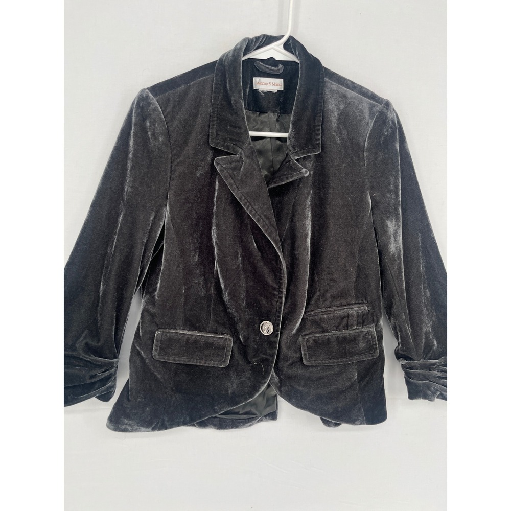 Monroe & Main Velvet Blazer Womens Ruched Sleeve Crest Button Charcoal Gray